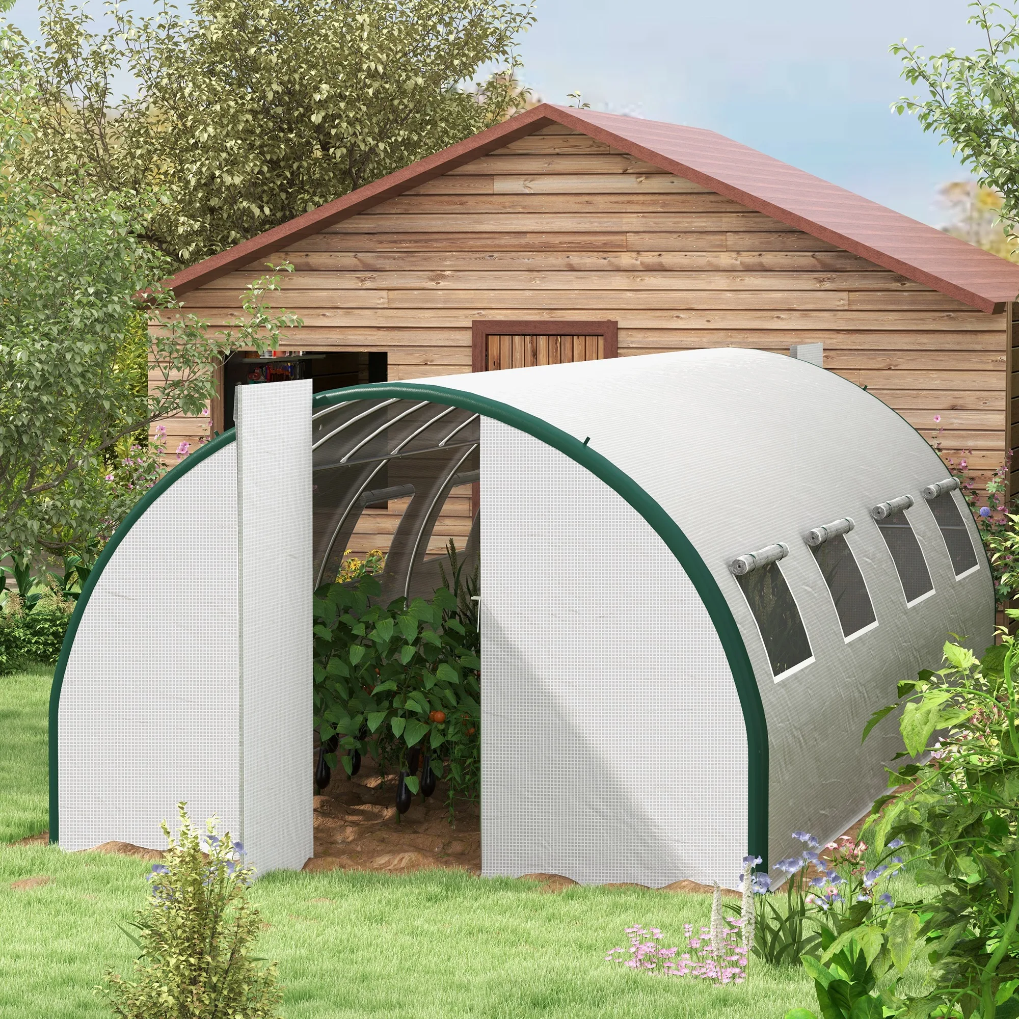 Outsunny Tunnel Greenhouse W/ Doors and Windows, White, 19.7' X 10' X 6.6'