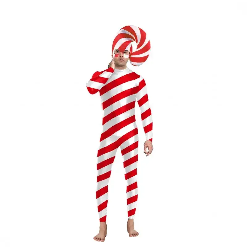 Candy Cane Bodysuit Red Stripe Cosplay Costume Christmas Outfit Festival Bodysuit Xmas Party Hat Couple Suit Adult