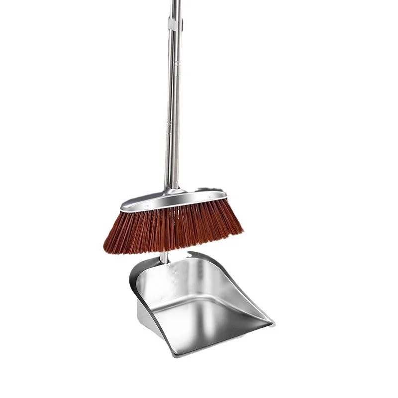 Two Piece Dustpan Garbage Shovel Combination Broom Stainless Steel Set with Angle for Cleaning Corners, Simple Metal Broom Set