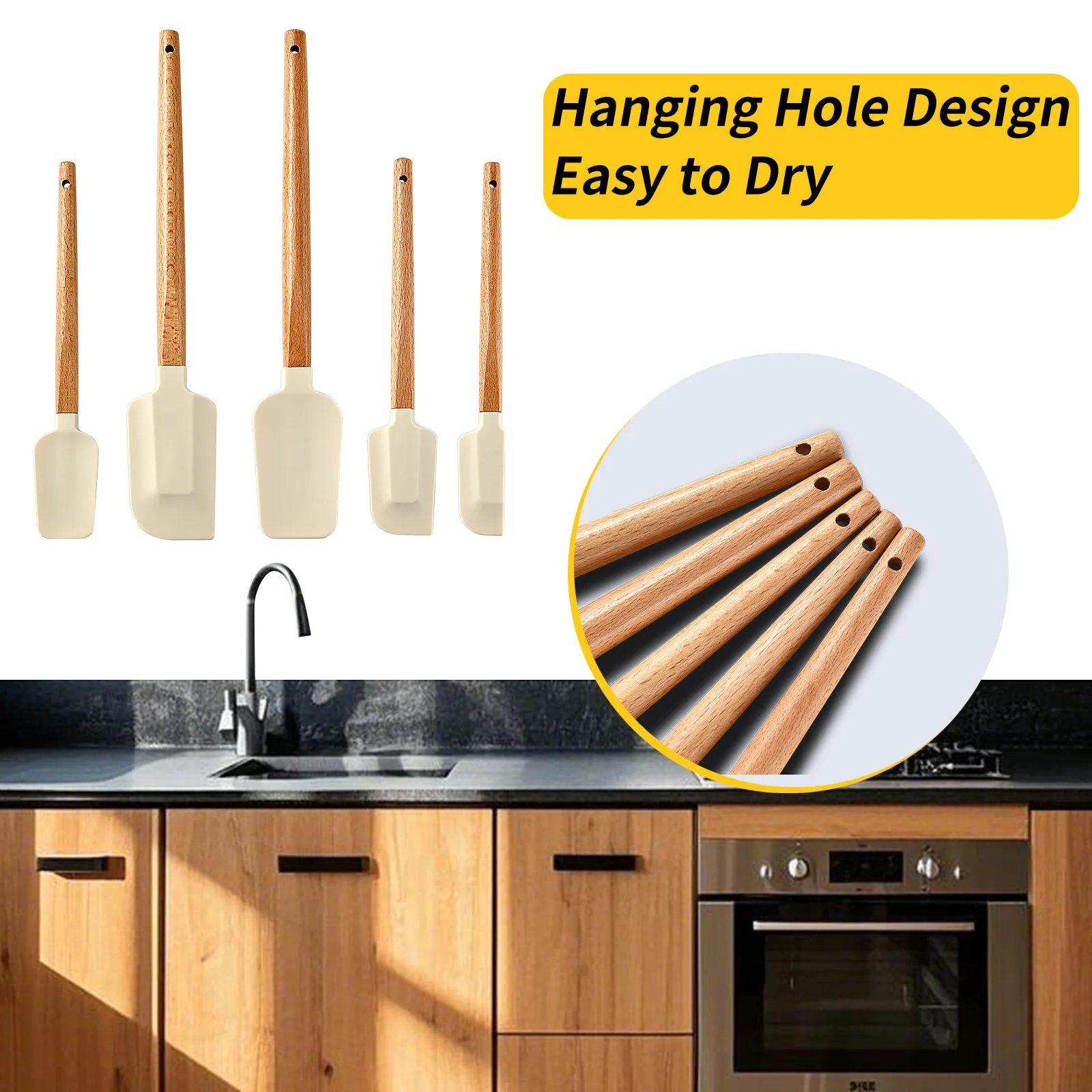 Silikon-Schaber, Schaber für Zuhause, Backen, Holzgriff, Kuchenschaber, cremefarbenes kleines Spatel-Set – Detail 4