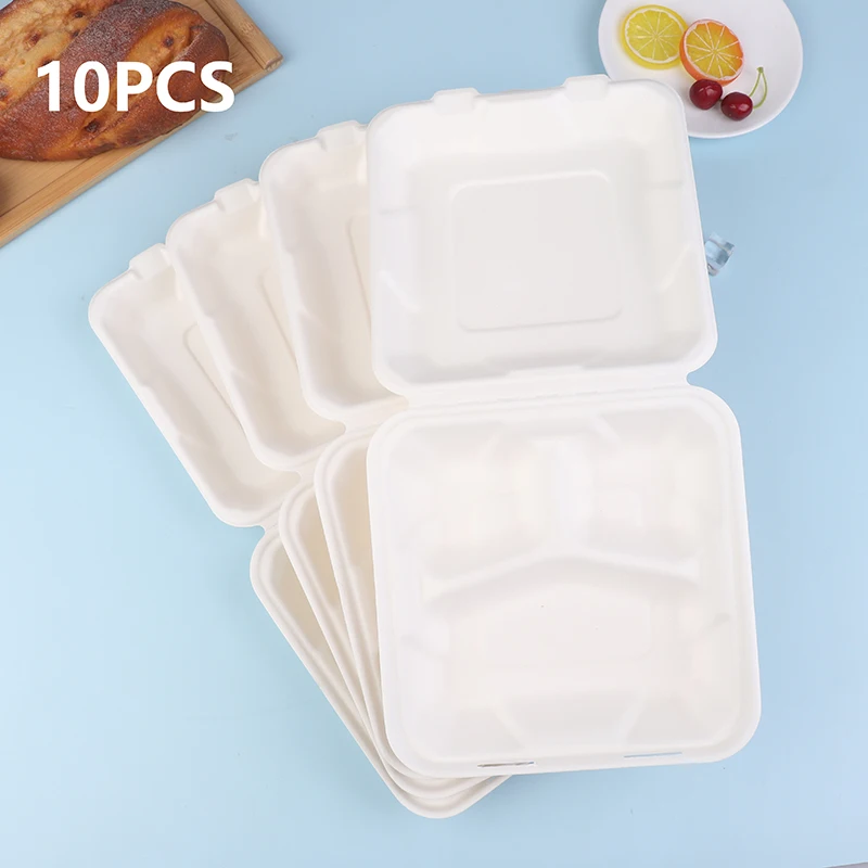 10Pcs Compostable Disposable 10 Pack 3 Compartment Takeout Lunch Box Containers With Lid To Go Take Out Clamshell For Food