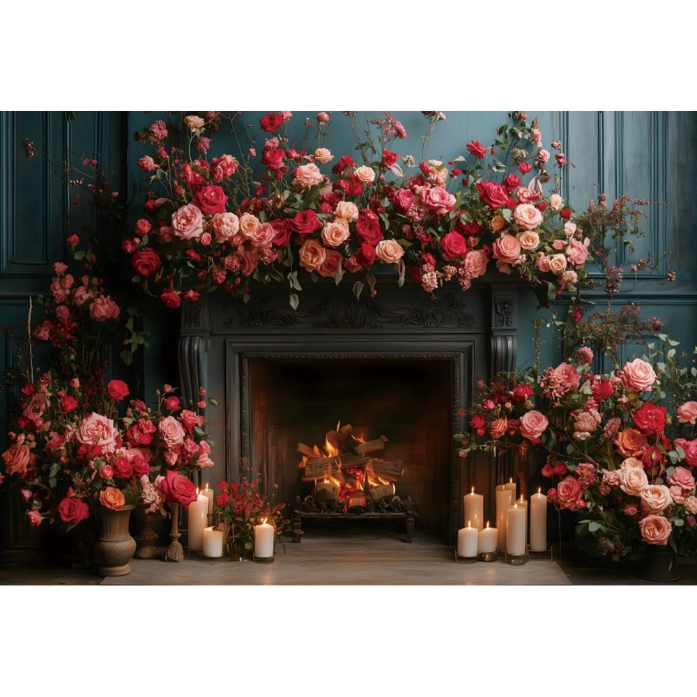 February 14 Valentine's Day Backdrop Photography Fireplace Rose Flowers Party Background Couple Photo Photohraphic Studio Shoots