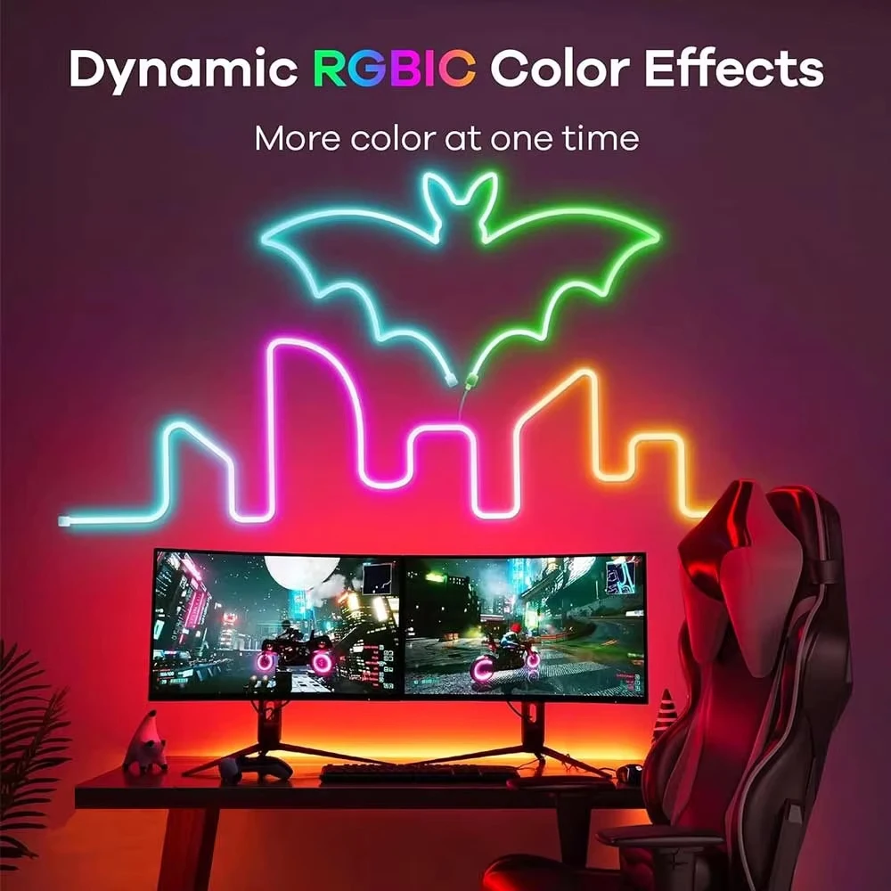 WISCOLOR LED 유연한 네온 스트립 조명, 방수, 실리콘 리본, 음악 동기화, 음성 제어, Aleax / Google Home과 함께 작동, 스마트 생활 지원, DIY 가정 장식용