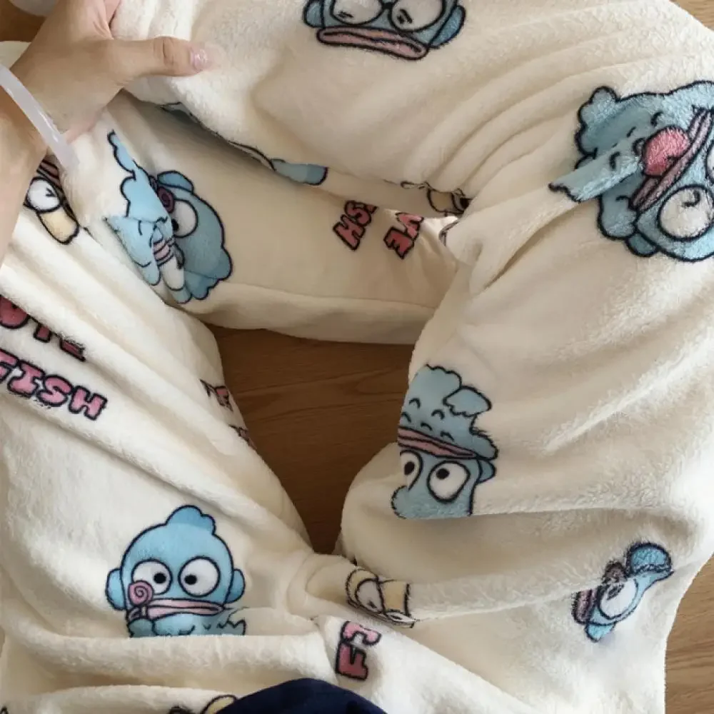 Sanrios Hello Kitty Kuromi Plush Pajama Pants Anime Kawaii Hangyodon Winter Warm Home Clothes Thicken Trousers Cute Loose Soft