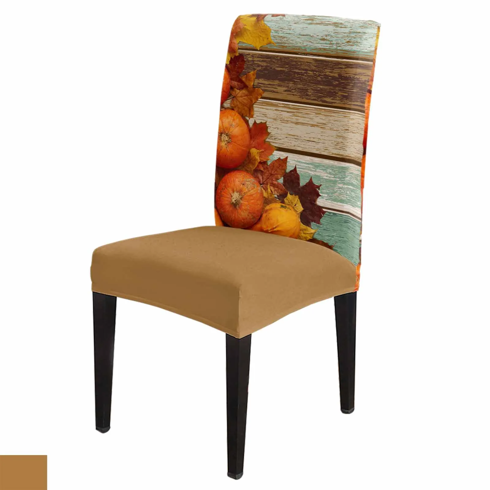 Thanksgiving Pumpkin Wood Grain Chair Cover for Dining Room Spandex Stretch Seat Cover for Wedding Banquet Party Seat Case