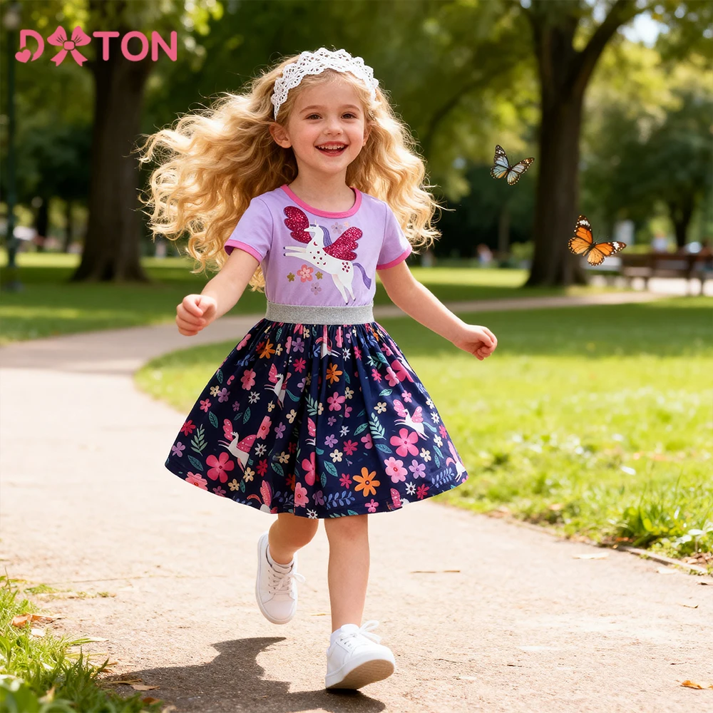 DXTON-vestido informal de algodón para niña, traje de manga corta con flores, unicornio, dibujos animados, Verano