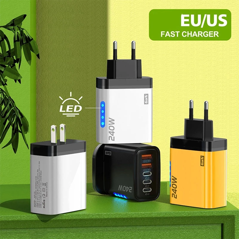 240w GaN Charger Adapter 5 Port PD USB Fast Charger 10A Type C Super Fast Charge Cable LED Light Power Adapter For Laptop Phone