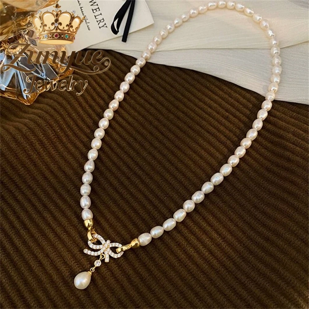 Bowtie Freshwater Pearl Necklace Simple Senior Sense Collarbone Chain Light Luxury Small Collar Chain Ornaments Charms Exquisite