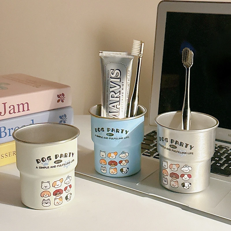 Stainless Steel Children Toothbrush Cup Cute Dog Design Bathroom Travel Holder For Kids Boys Girls Daily Oral Care Birthday Gift
