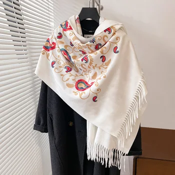 أوشحة فاخرة مطرزة من الكشمير للنساء ، غلاف سميك ، صوف دافئ ، بشمينا ، وشاح بيزلي للسيدات ، جودة عالية ، شتاء