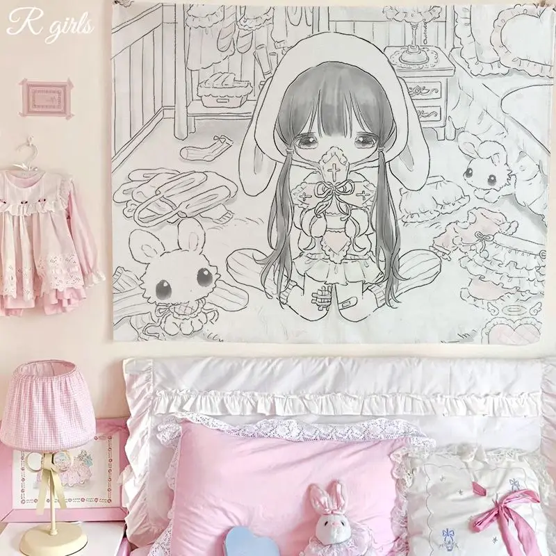 VIKAMA Sketch Bunny Girl Wall Tapestry Line Art Wall Hanging Backdrop Kawaii Dorm Bedroom Background Decor
