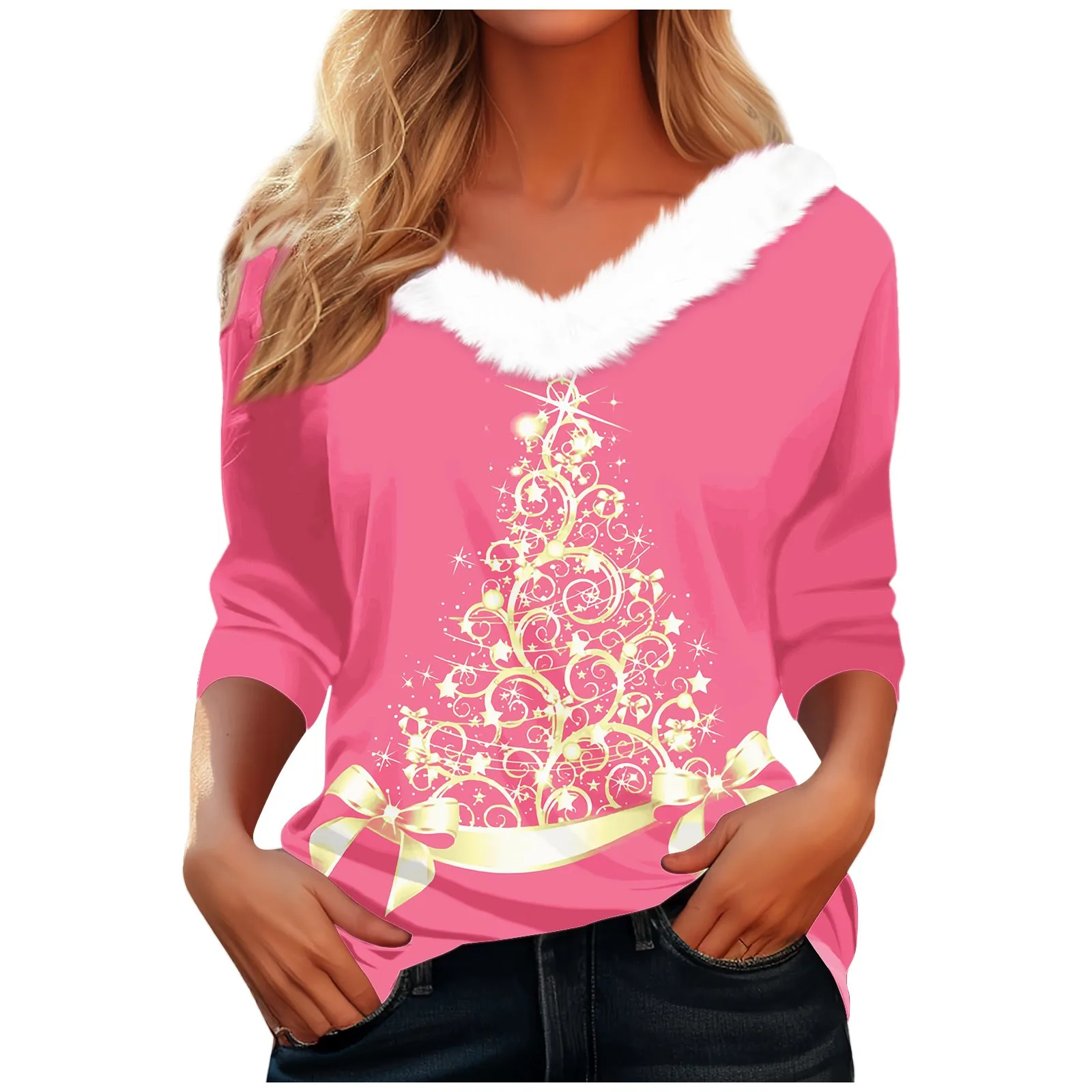 Women\'s T Shirt Tee Christmas Shirt Long Sleeve Party Christmas Fleece Collar V Neck  Top