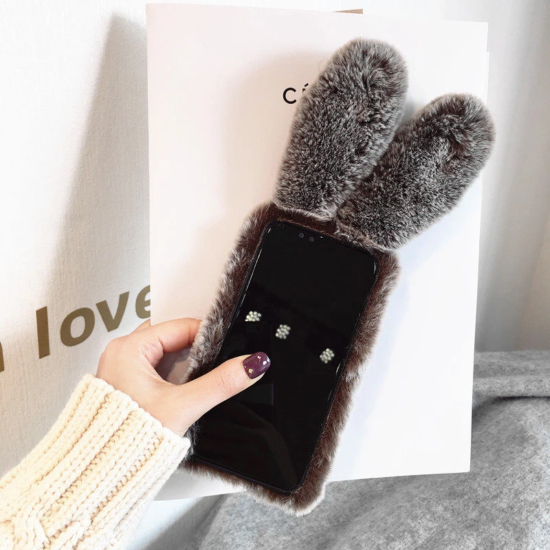 3D Cute Rabbit Ears Furry phone case For iPhone 5S 6 7 8 Plus X XR XS MAX 11 Pro Hairy Warm For Samsung S8 S9 S10 Note10 9 Cover