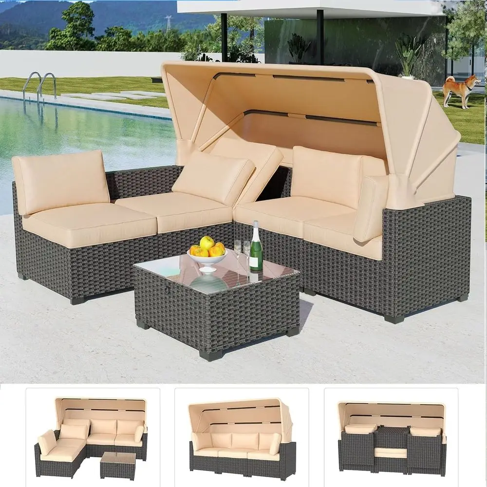 

Комплект садовой мебели из 6 предметов, плетеная мебель из ротанга с выдвижными подлокотниками, подушками и чайным столиком с отсеком для хранения, 2 регулируемых спинки