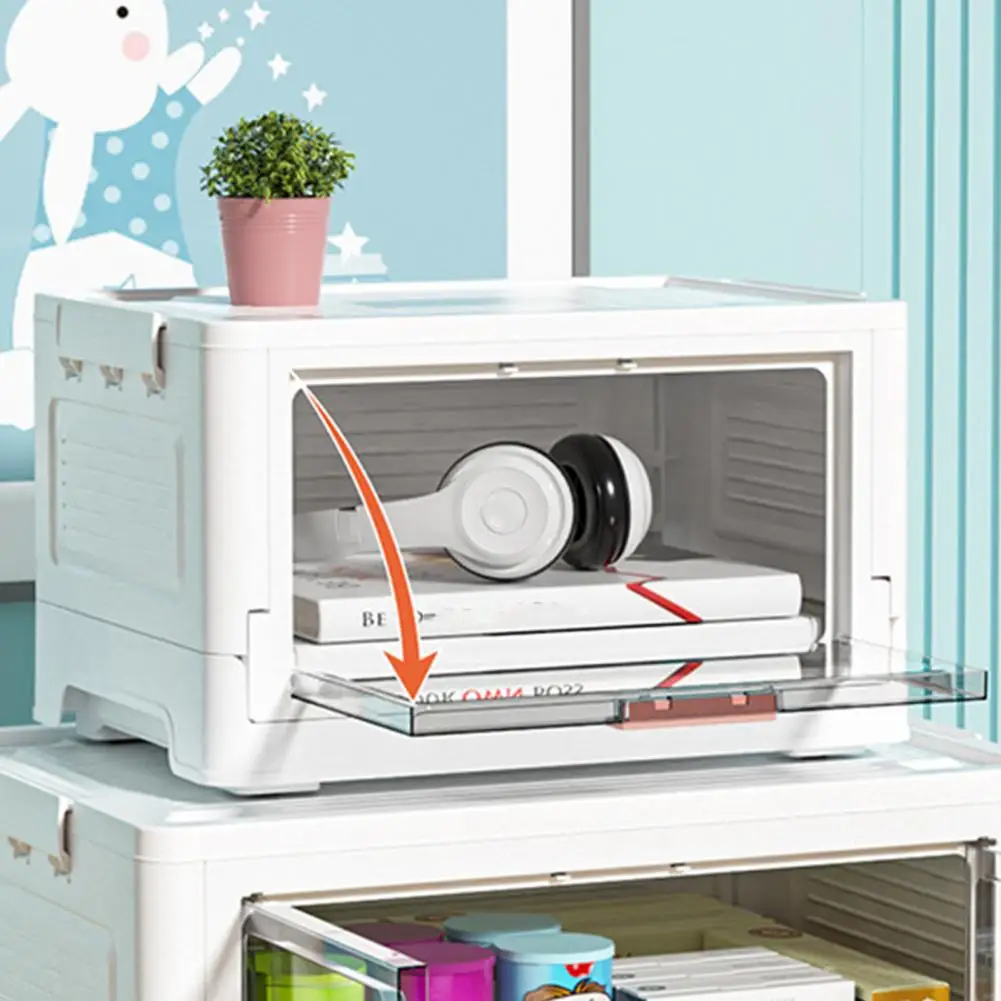 Stackable Book Storage Box 4 Caster Wheels Front Flip Lid Book Organizer Transparent Foldable Desktop Sundries Organizer Case