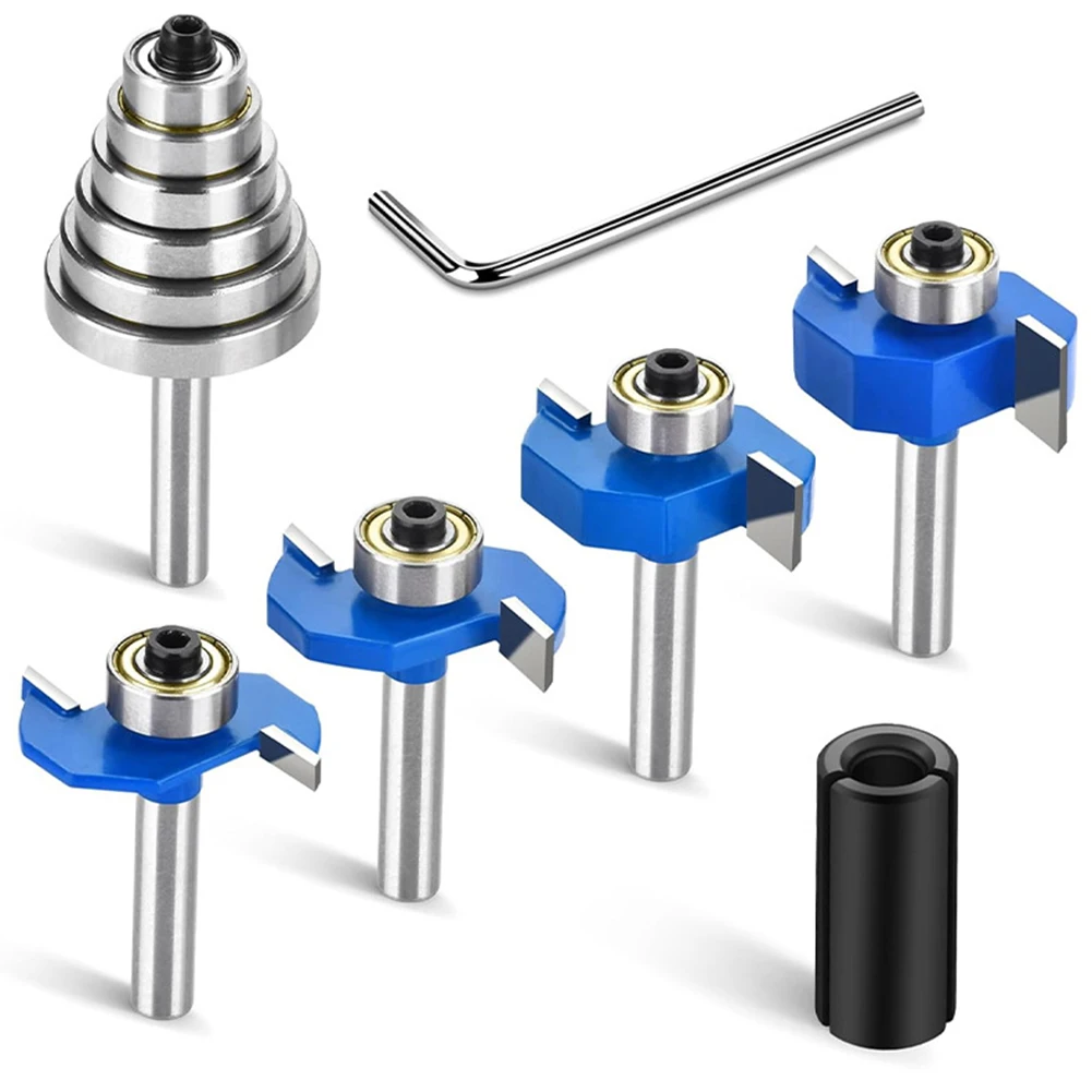

7pcs/set T-shaped Router Bit Set With Bearings Chuck Converter Adapter For Particle Board Plywood Woodworking Tools