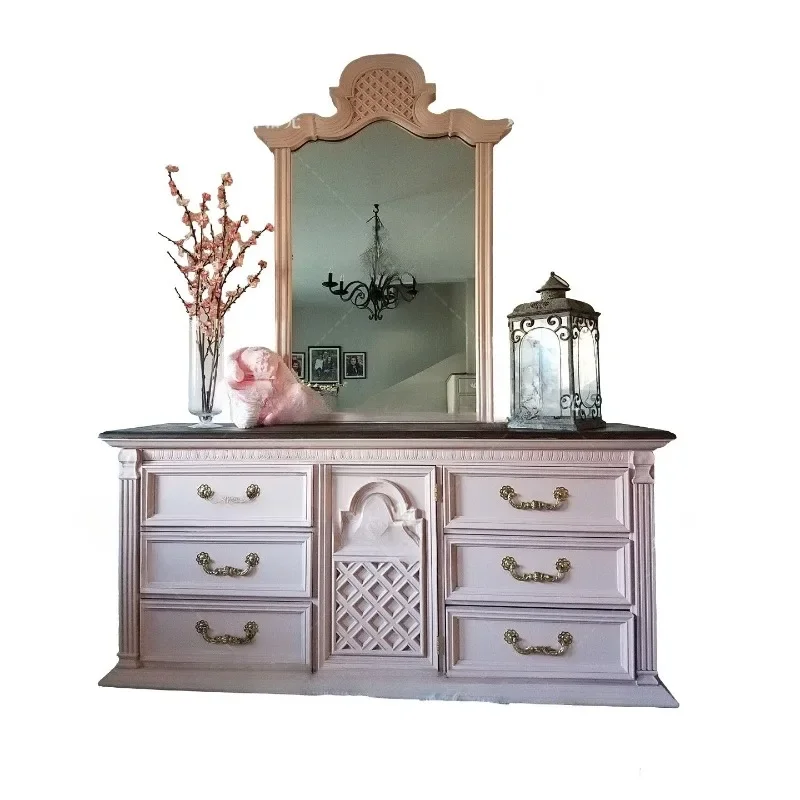 French vintage solid wood carved dressing cabinet small bedroom dressing chest with makeup mirror storage cabinet
