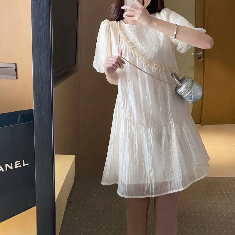 Korean Short Sleeve Midi Dress Women\'s Clothing Casual Round Neck Summer Thin Fashion Folds Spliced Commute Solid Color Dresses