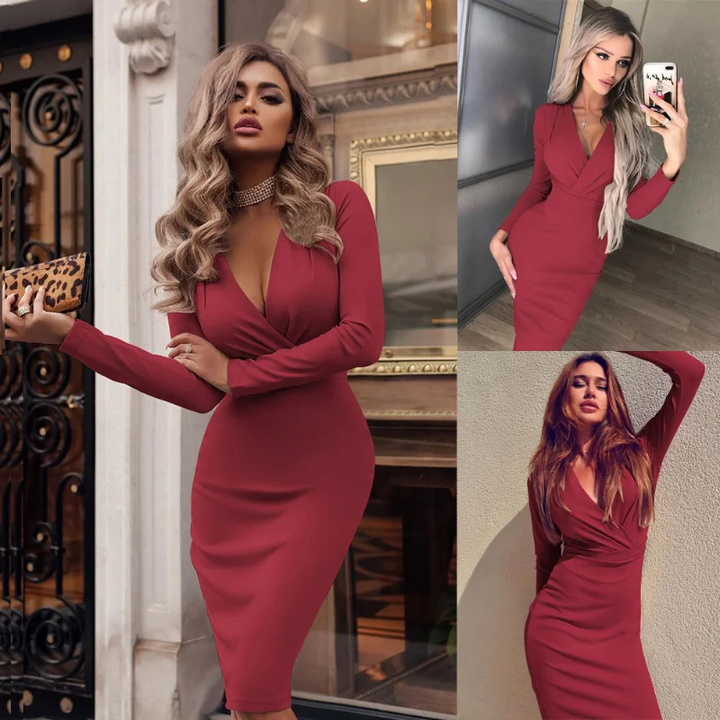 2023 Mode Frauen Sommer Langarm Bandage Stretch Bodycon schlichte tiefe V Abend party kurzes Kleid beige schwarz grün rot heiß