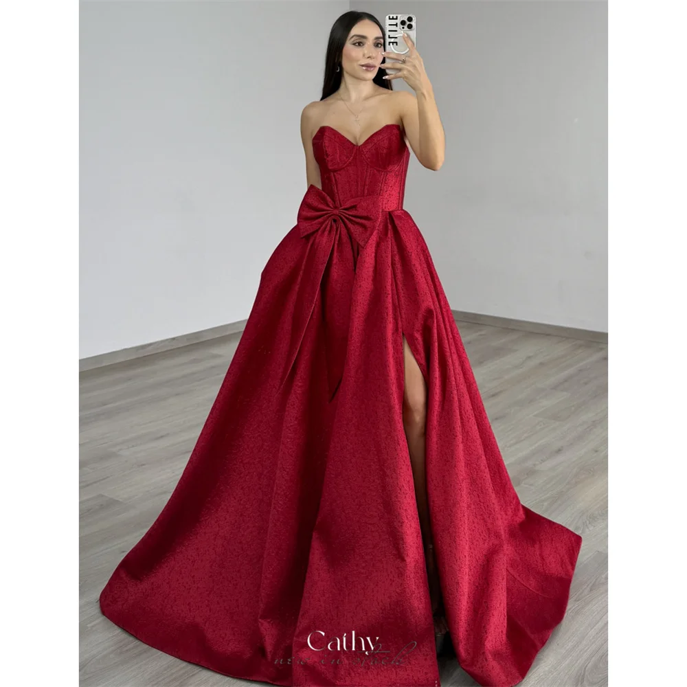 

Cathy Customized Burgundy Sweetheart Neck Ball Gown Prom Dresses Bow Sleeveless vestidos de noiva Side High Split Formal Evening
