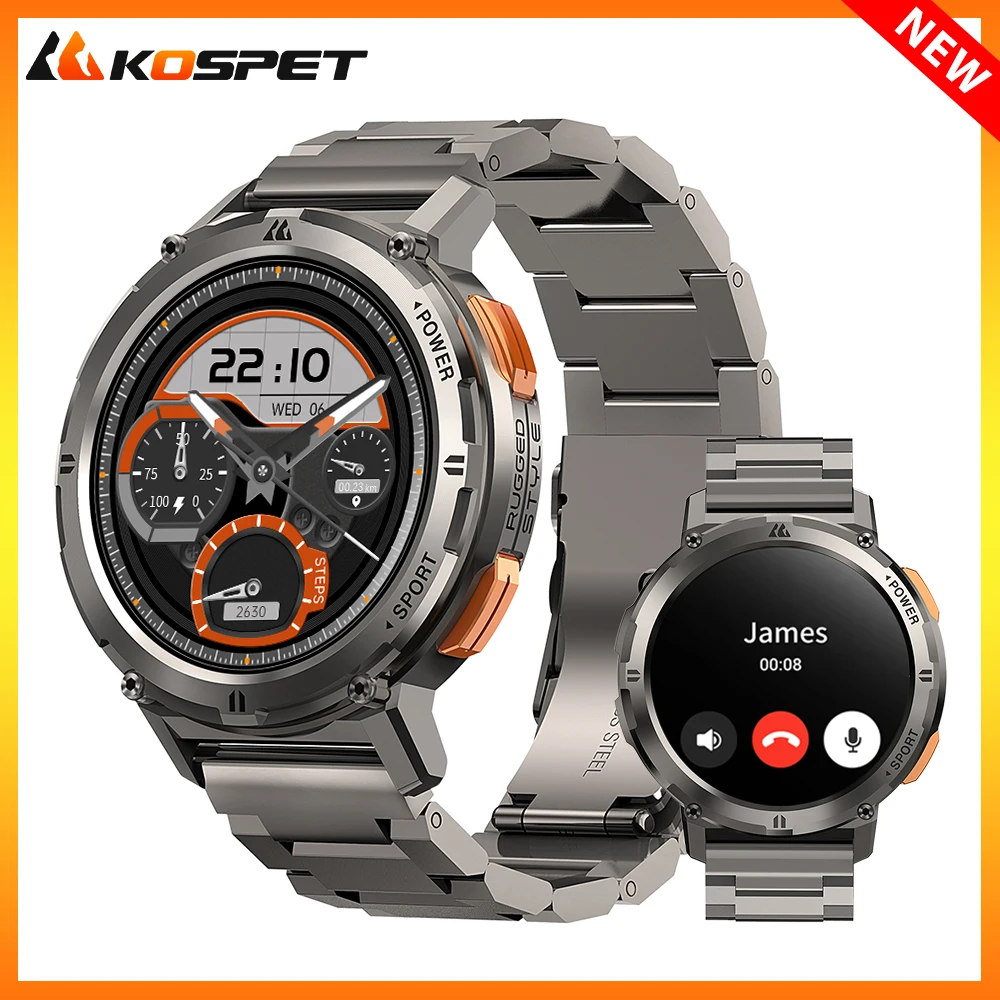 2024 KOSPET TANK T2 Smartwatch For Men Bluetooth Call AMOLED AOD Smart Watch 5ATM Waterproof Fitness Electronic Men's Watches