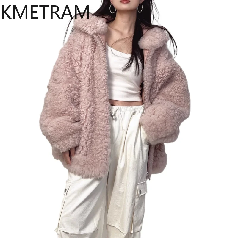 Jaket Bulu Berwajah Ganda Kulit Domba Wol Alami Mantel Bulu Asli Longgar Mode Wanita dengan Tudung Pakaian Wanita Musim Dingin 2025 Abrigos