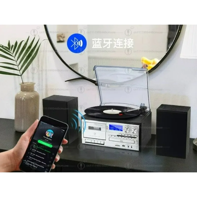 Retro multi-function vinyl record player, phonograph CD tape player, bluetooth speaker, radio record player