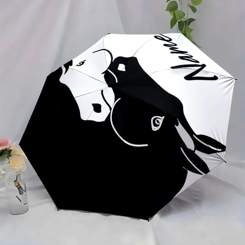Custom Name Elegant Two-Tone Horse Design Umbrella Print 8 Iron Ribs Folding Umbrella, Auto-Open Fashion Sunshade