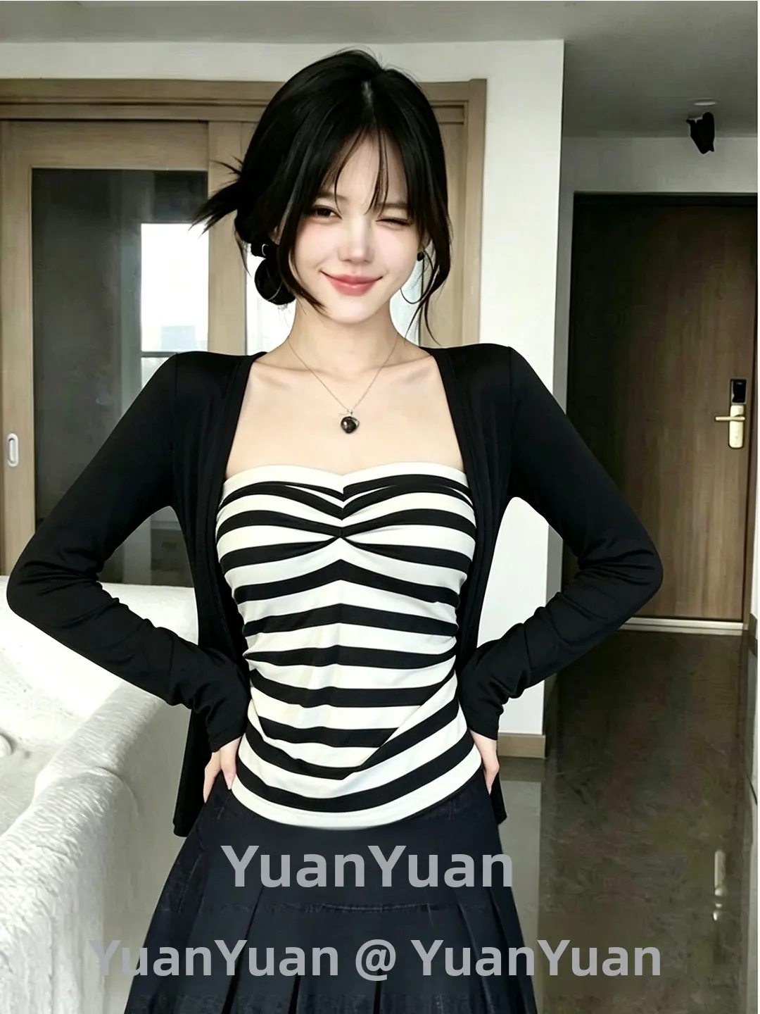 Women's Black White Striped Tube Top Cardigan Two-Piece Set Spring Autumn New Design Layering Knitted Shirt Casual Outfit