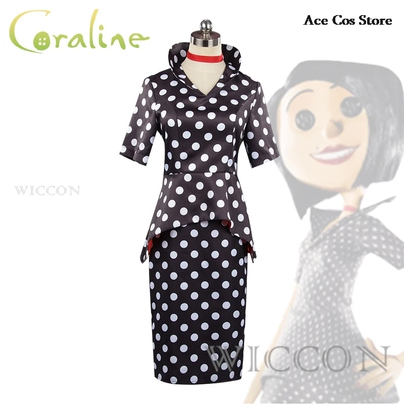 Horror Fairytale Movies Coraline Mother Cosplay Costume Wig Polka Dress Secret Adult Halloween Party Scary Roleplay Suit