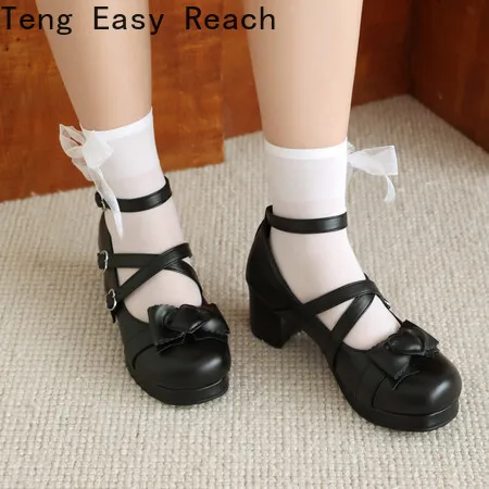 2024 donne tacchi alti cinturino incrociato Mary Jane Pumps Party Wedding bianco rosa nero Ruffles Bow Princess Cosplay Lolita Shoes34-48