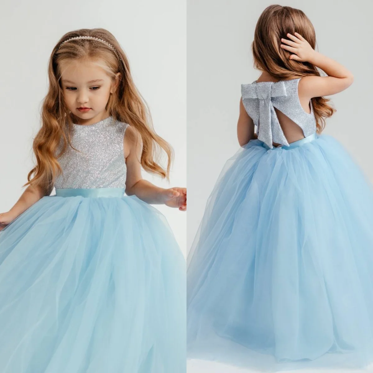 

Light Sky Blue Flower Girl Dresses for Wedding Toddler Girl's Birthday Gowns Customized Baby Bow Back Outfit Dress