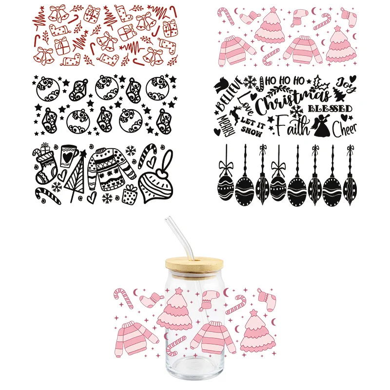 

Christmas UV DTF Wrap Transfer Stickes Black Colorful Design DIY Wrap For Glasses Cups Bottles Waterproof Decal