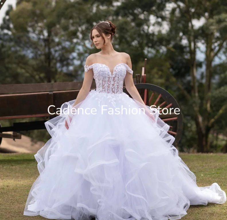 European Off Shoulder Sweetheart Wedding Dress Floral Lace Bodice Tiered Ruffle Tulle Bridal Gown For Garden Wedding Customized