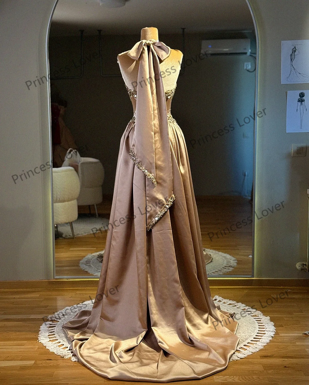 Gaun Malam Halter Neck yang Menawan, Gaun Pesta Pernikahan Satin Model A-Line dengan Payet, Gaun Prom Formal yang Dapat Disesuaikan, Vestidos