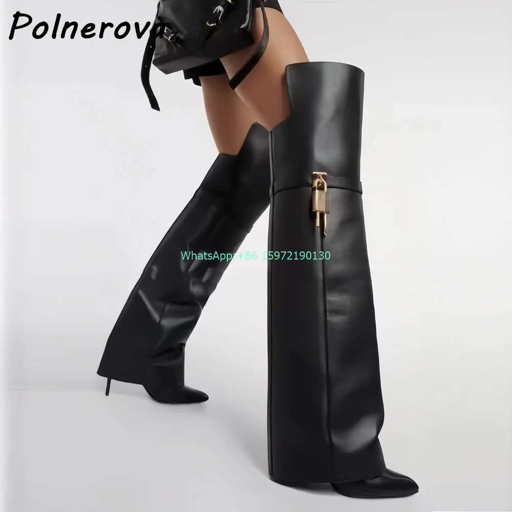 Metal Lock Solid Boots Pointy Toe 9.5Cm Thin Heels Flip Up Runway Over The Knee Boots Sexy Street Photo Fashion Boots 2024