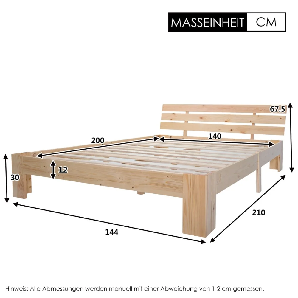 Holzbett, Doppelbett mit Kopfteil des Bettrahmens mit Schieferrost, 200 x 140 cm, Massivholz-Doppelbett, kann als Bett aus Kiefernholz verwendet werden – Detail 6