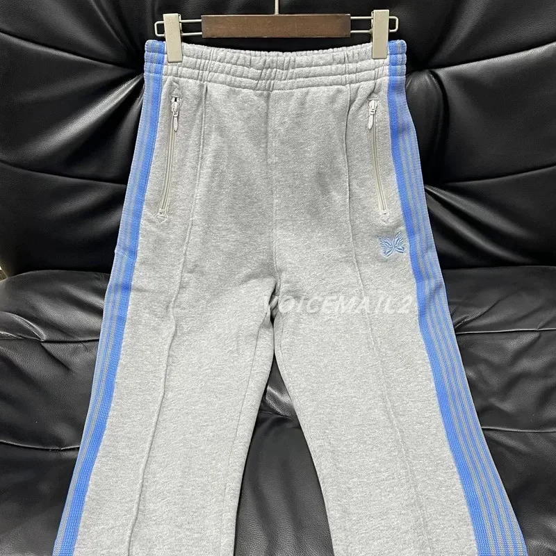 

25ss Grey AWGE Butterfly Embroidery Striped Sweatpants Top Quality Mens Zipper Pocket Trousers With Tags