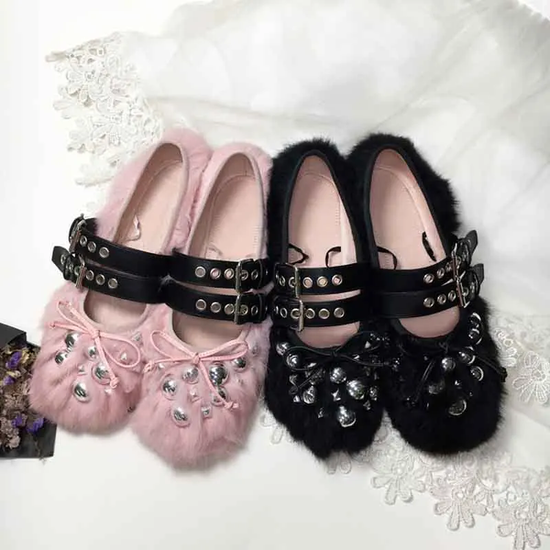 

Rivets Round Toe Mary Jane Shoes Thick Rabbit Fur Ballet Flats Lace-up Buckle Loafers Zapatos Mujer Chaussure Femme Sapatos