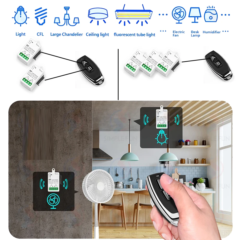 RF433Mhz Wireless Remote Control Light Switch 110V 220V 10A Relay Mini Module Control Range 50M Transmitter for Lamp Fan LED