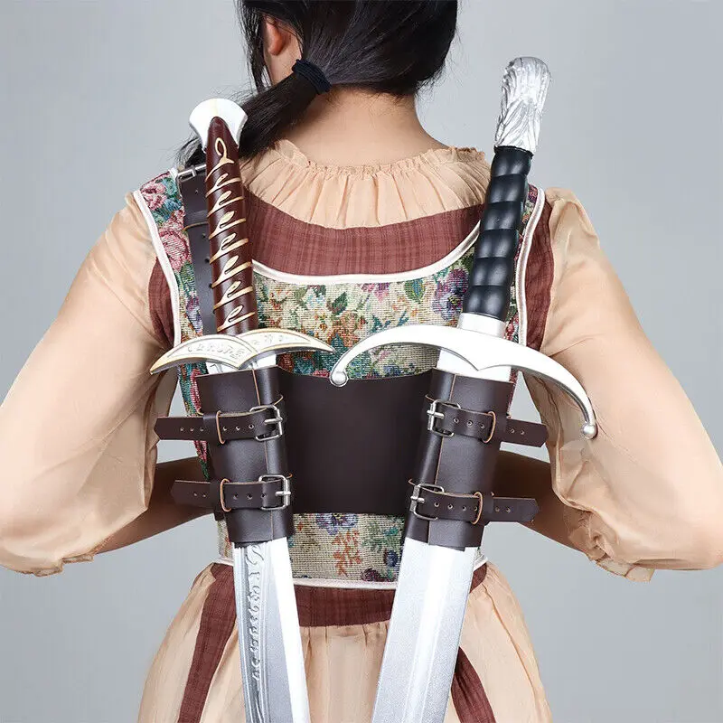 Black Brown Back Mounted Leather Dual Sword Frog Double Shoulder Harness Sheath Cosplay Costume Leather Gear