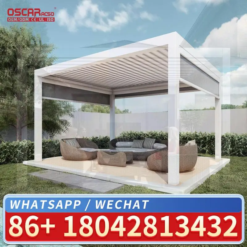 Waterproof Motorized Louvered Aluminum Pergola Modern Outdoor Garden Patio Gazebo with LED Light 3x3 3x4m for Backyard Deck Pool