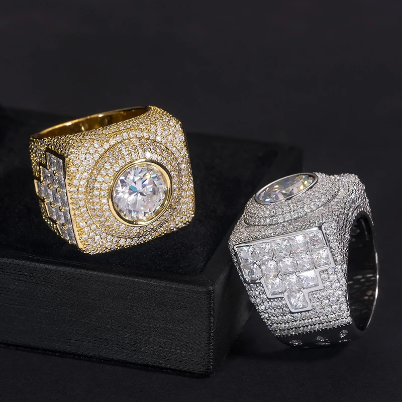 Hip Hop 5A+ Cubic Zirconia Paved Bling Iced Out Geometric Square CZ Rings Man Sign Ring for Men Rapper Jewelry