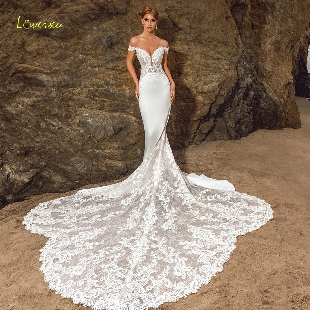 

Loverxu Mermaid Graceful Wedding Dresses 2024 Sweetheart Off The Shoulder Vestido De Novia Lace Appliques Satin Robe De Mariee