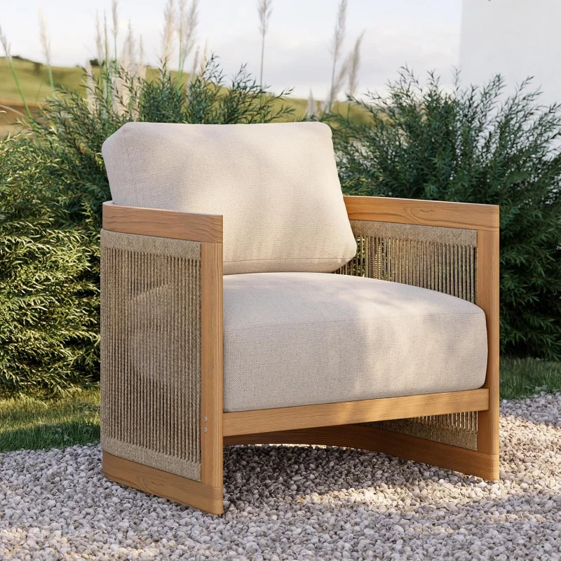 

2026 New：Teak Outdoor Chair, Rope Woven Patio Lounge Chair with All-Weather Cushions, Deep Ergonomic Armchair with R