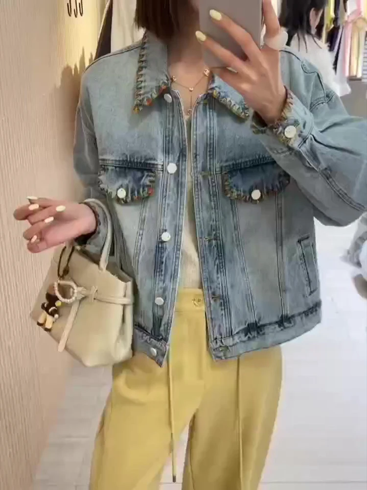 2025 Early Spring New European Style Colorful Wave Pattern Edge Embroidered Loose Fashion Leisure Cowboy Coat for Women