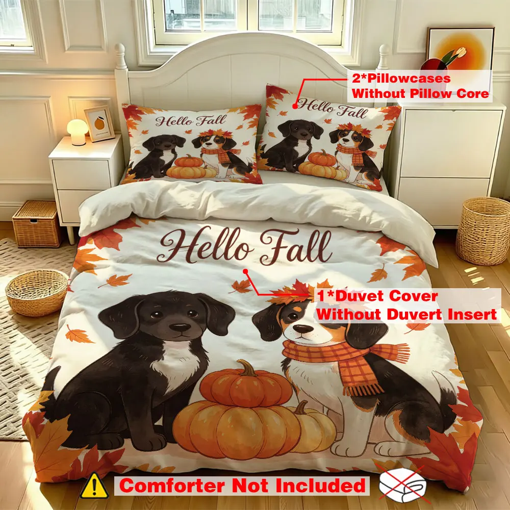 3pcs(1 duvet cover + 2 pillowcases, coreless)maple leaf and dog-themed bedding set available in multiple sizes