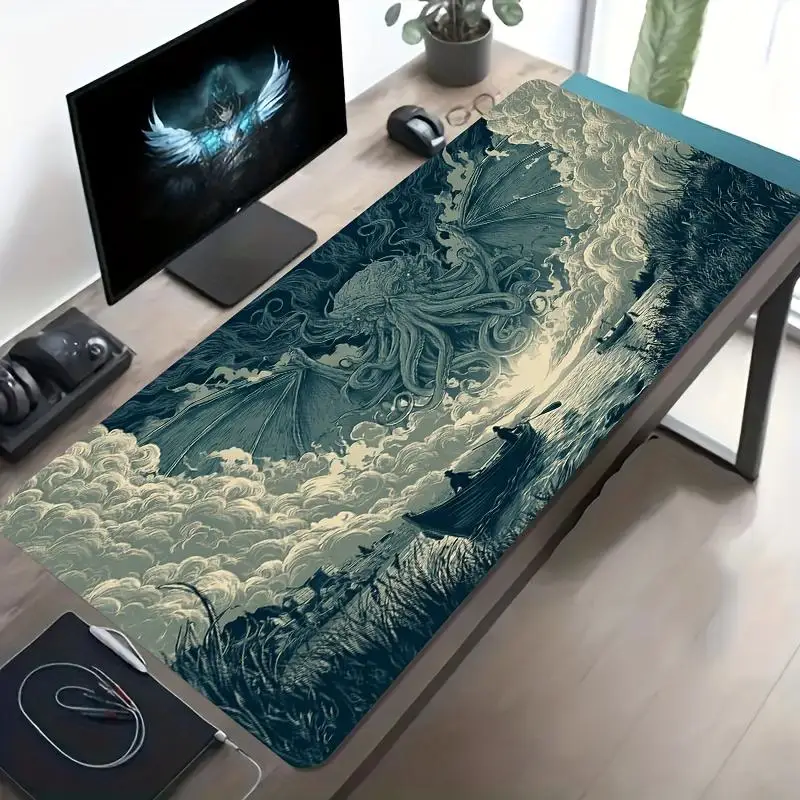 

Коврик для мыши с ретро-иллюстрацией монстра Ктхулу, игровой настольный коврик, нескользящая резиновая основа, большой коврик для мыши для ПК, офиса, игрового стола