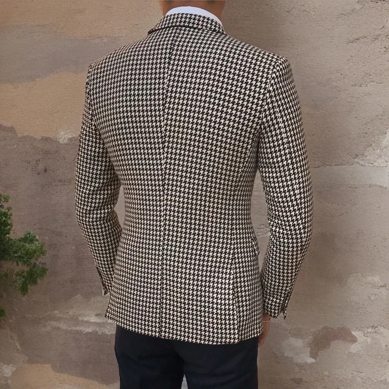 Houndstooth Plaid Blazer For Men One Piece Suit Jacket With 2 Side Slit Slim Fit Casual Male Fashion Clothes 2025