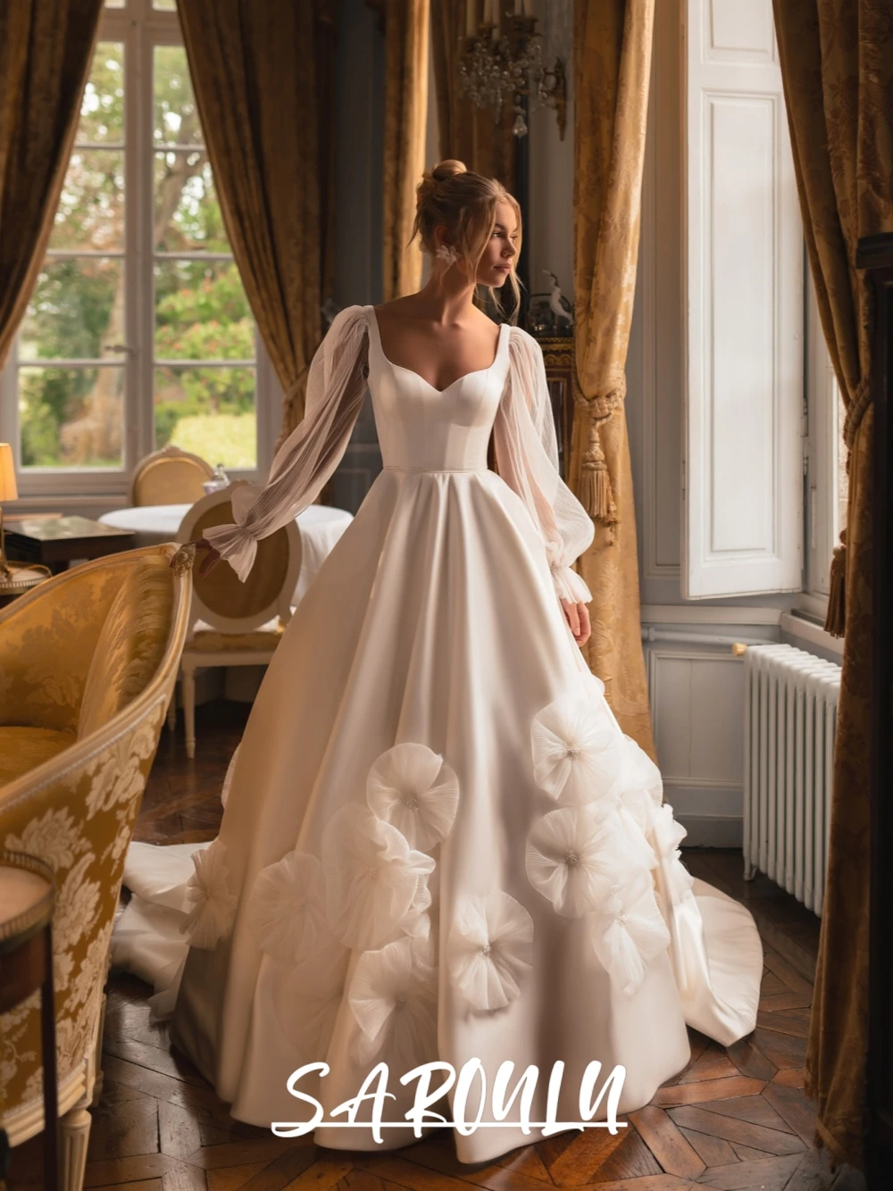 

Puff Sleeves Princess Romantic 3D Flowers Bride Dresses Court Train Ball Gown Customized For Women Sweetheart Neck Wedding Dress